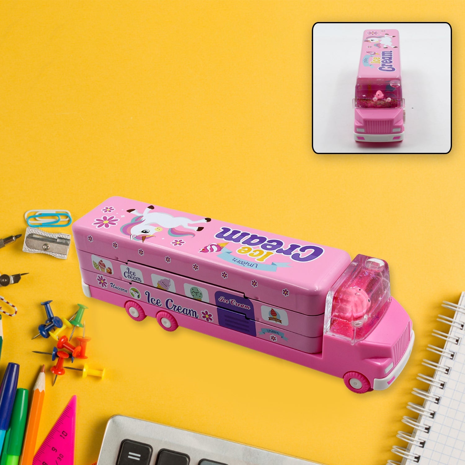 4568 Double Decker Magic Truck Compass Multi Level Metal Truck Compass Pencil Case with Movable Wheels & Sharpener (Mix Design) 4568 Double Decker Magic Truck Compass Multi Level Metal Truck Compass Pencil Case with Movable Wheels & Sharpener (Mix Design)